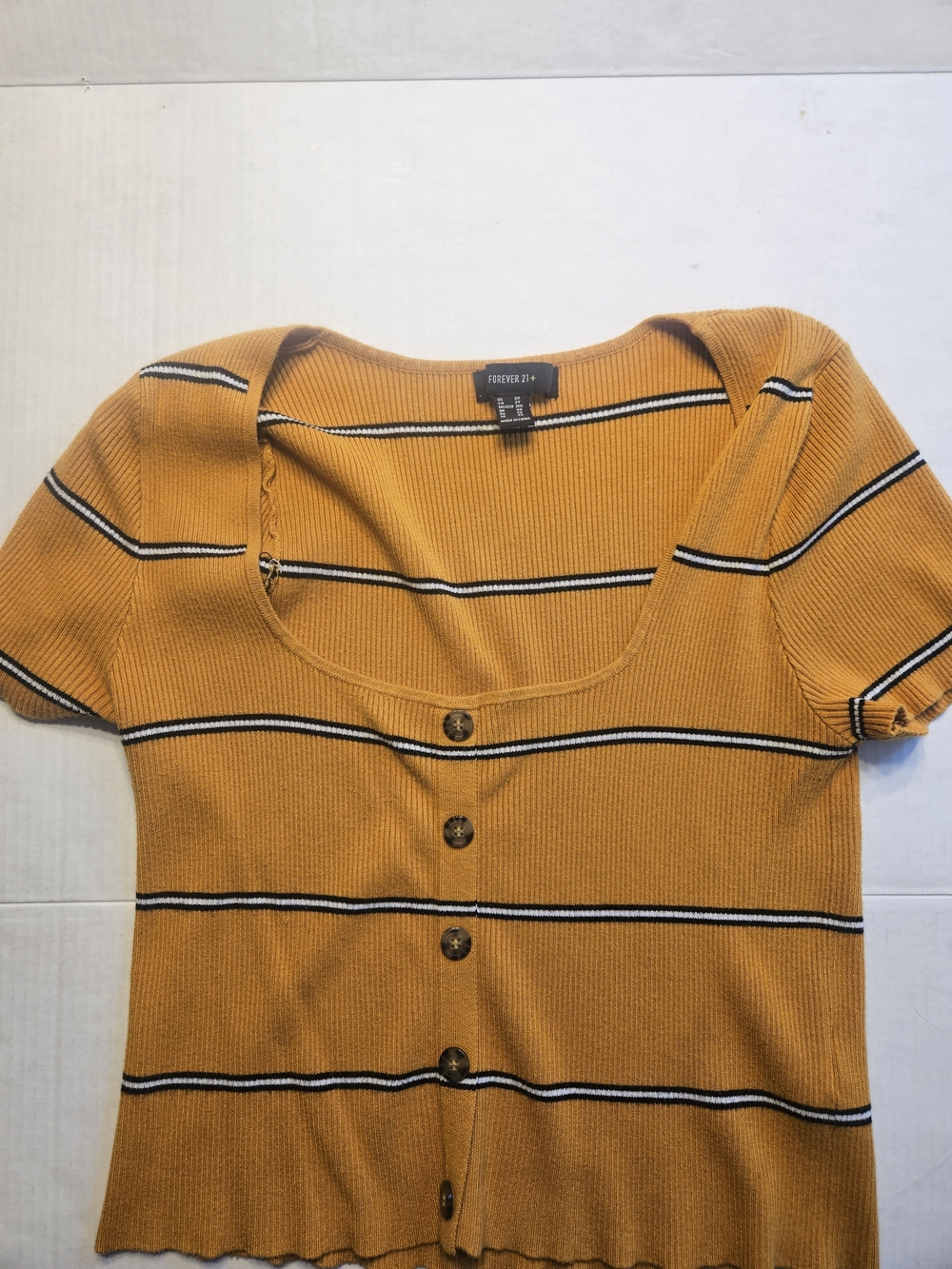 Forever 21 Mustard Striped Ribbed Button Crop Top